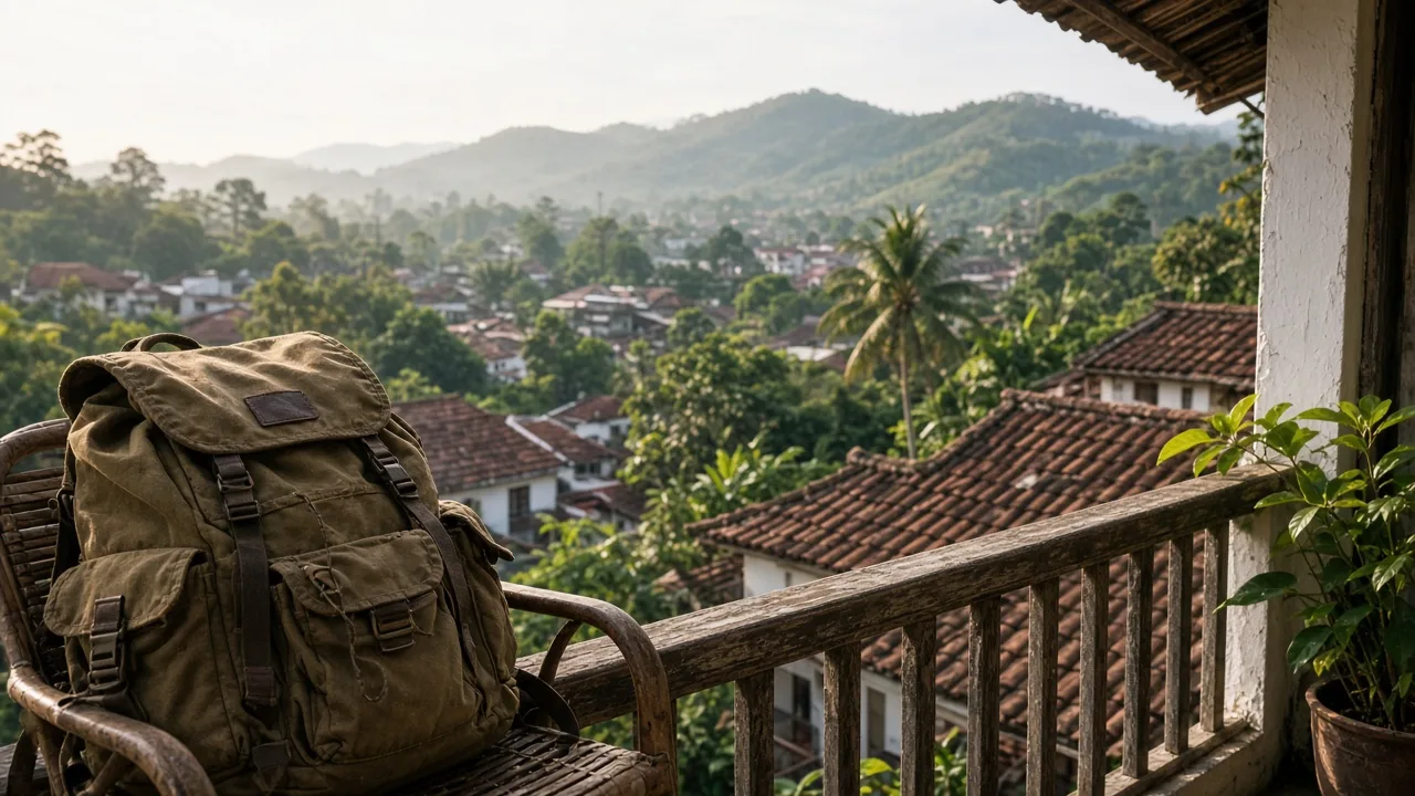 Backpack on a guesthouse balcony above a tropical town