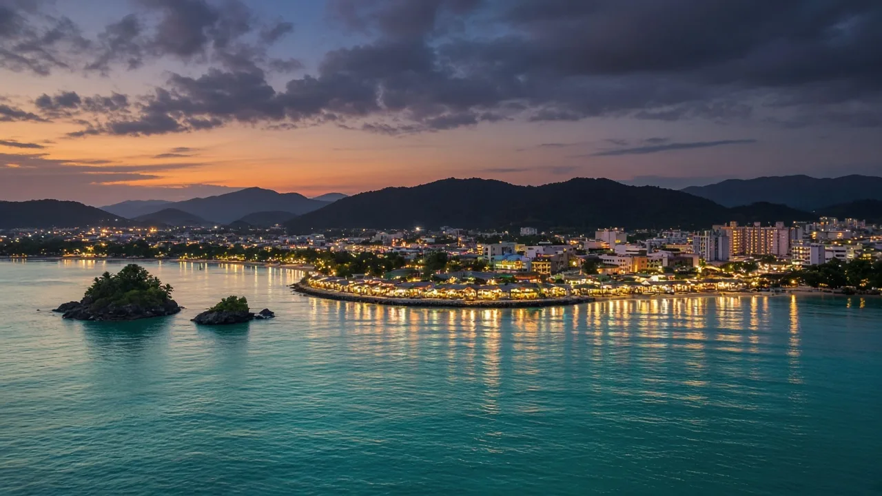 Tropical islands and a waterfront city lit at dusk in Malaysia